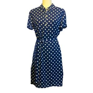 Ann Taylor Blue & White Polka Dot Dress with Tie Belt